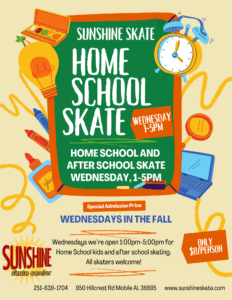Flyer:
Home School and after school skate. Wednesdays 1pm-5pm